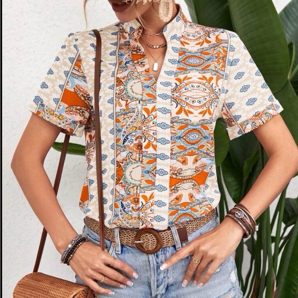 Boho Floral Paisley Print Top Blouse Shirt Green - Picture 7 of 16
